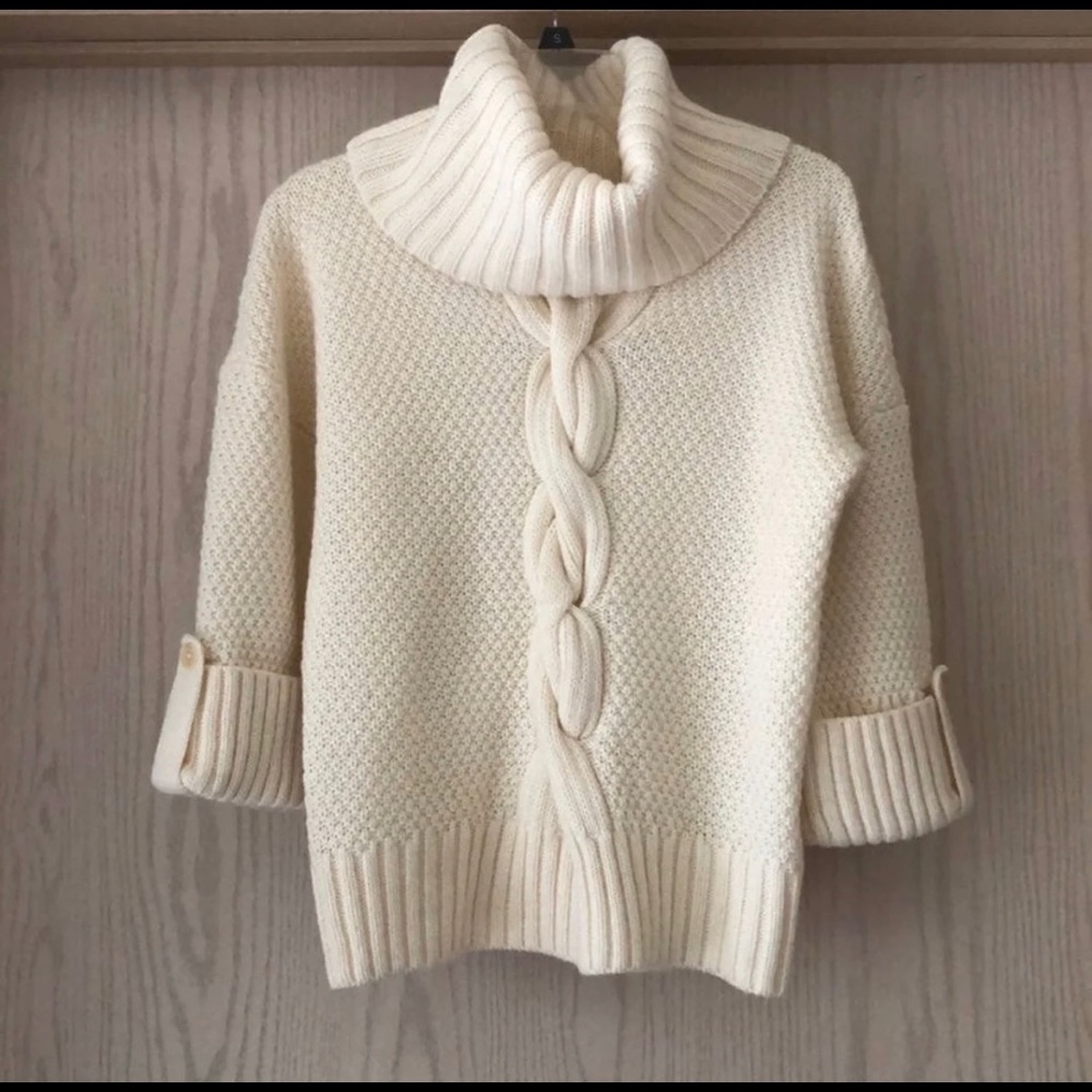 Creamy cowl neck, cable knit, 3/4 arm sweater